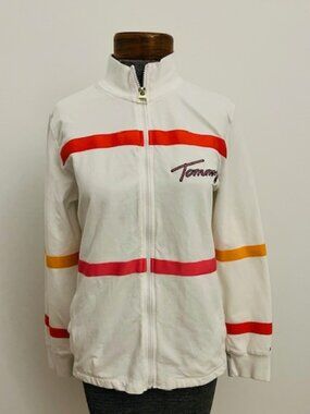 Tommy Hilfiger Track Jacket M Retro Stripe Zip Up Athleisure Y2K Look🤍❤️🧡